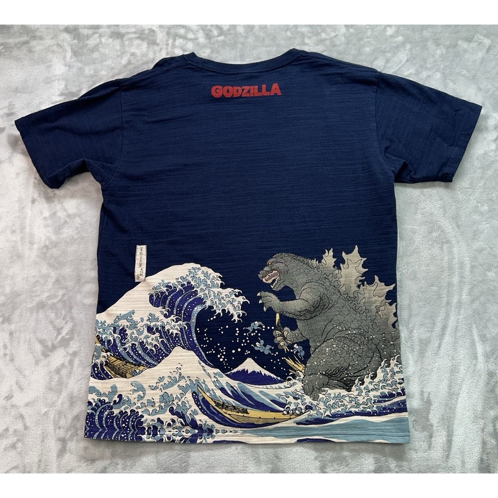 Godzilla Toho Great Wave Off Kanagawa T-Shirt Mens XXL Navy Slub Cotton Japan